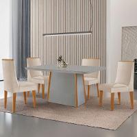 Mesa De Jantar Diane 120cm Tampo Mdf Vidro 4 Cadeiras Lisboa Moderna Veludo Creme Off White Naturale Serigrafia - 1