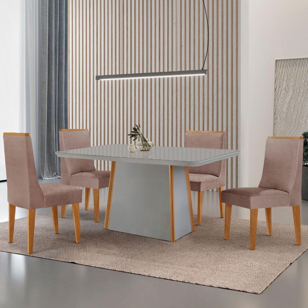 Mesa De Jantar Diane 120cm Tampo Mdf Vidro 4 Cadeiras Lisboa Moderna Linho Capuccino Off White Naturale Serigrafia - 1