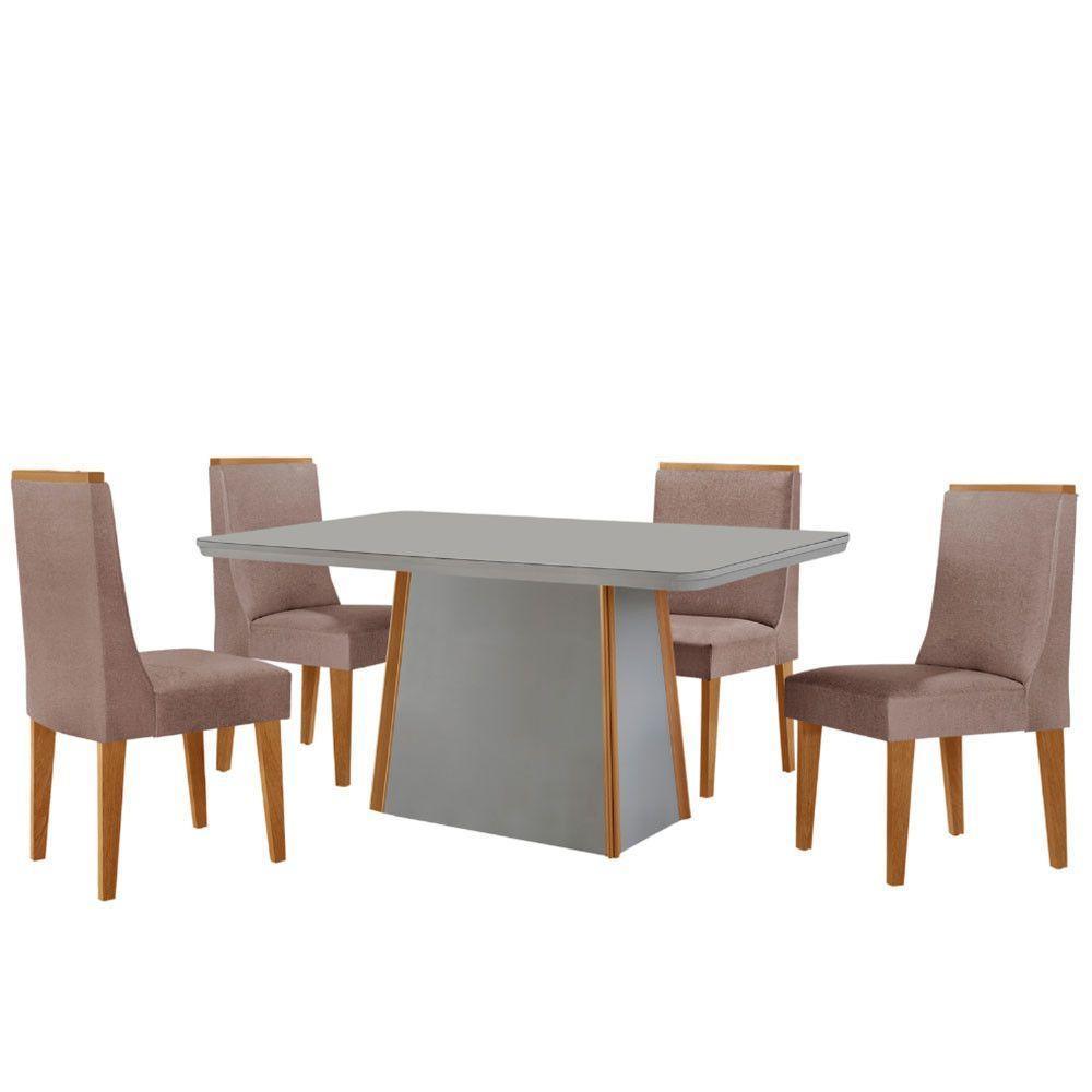 Mesa De Jantar Diane 120cm Tampo Mdf Vidro 4 Cadeiras Lisboa Moderna Linho Capuccino Off White Naturale Serigrafia - 2