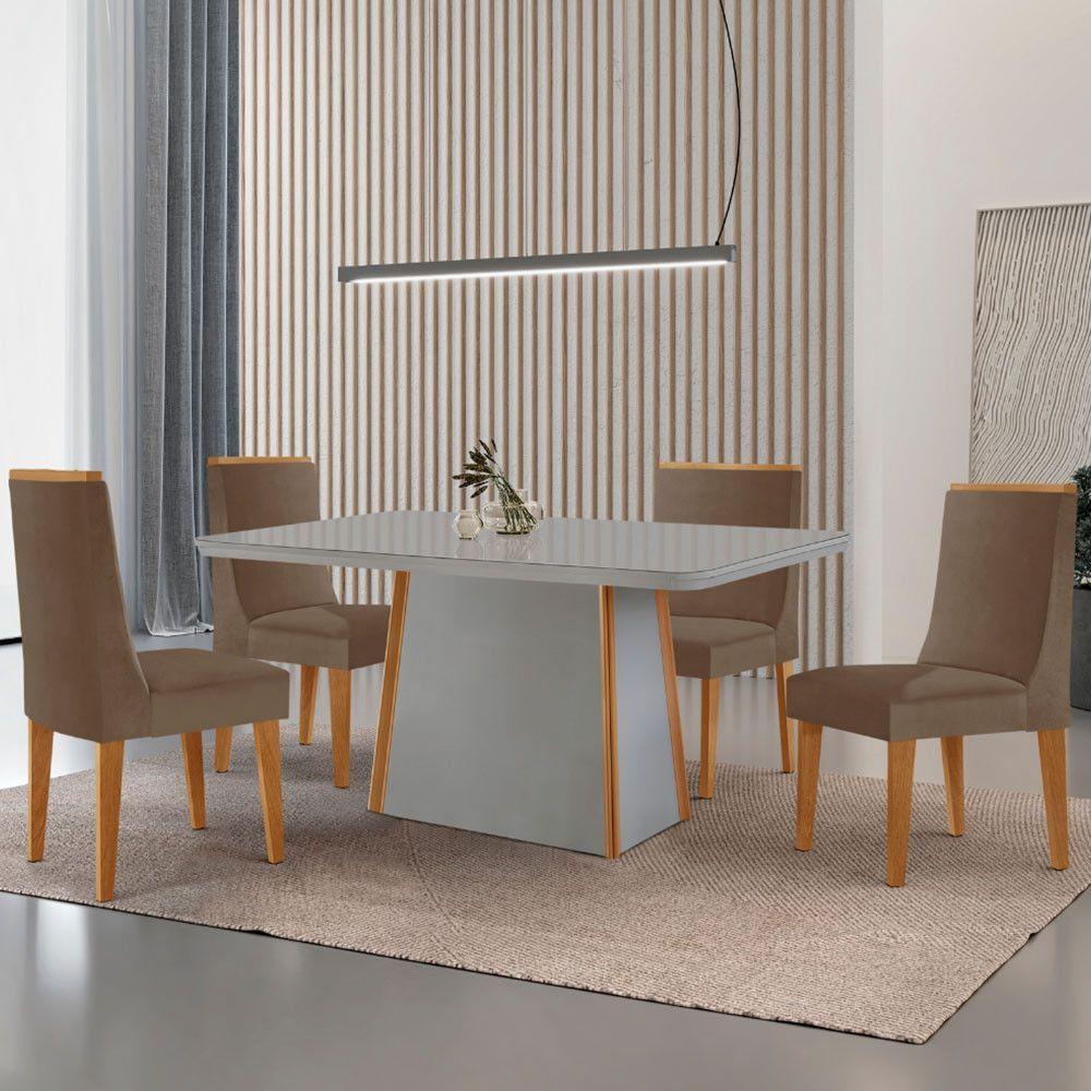 Mesa De Jantar Diane 120cm Tampo Mdf Vidro 4 Cadeiras Lisboa Moderna Veludo Capuccino Off White Naturale Serigrafia - 1