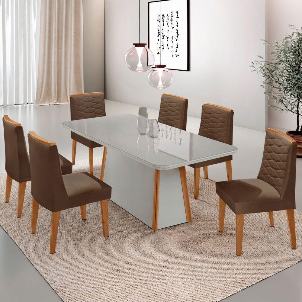 Mesa De Jantar Diane 180cm Mdf Vidro Com 6 Cadeiras Moderna Veludo Marrom Off White Naturale Serigrafia - 1