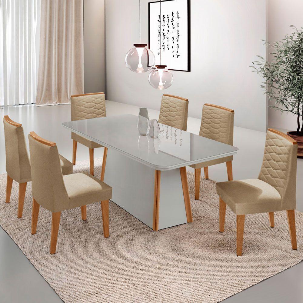 Mesa De Jantar Diane 180cm Mdf Vidro Com 6 Cadeiras Moderna Turim 07 Naturale Serigrafia Off White - 1
