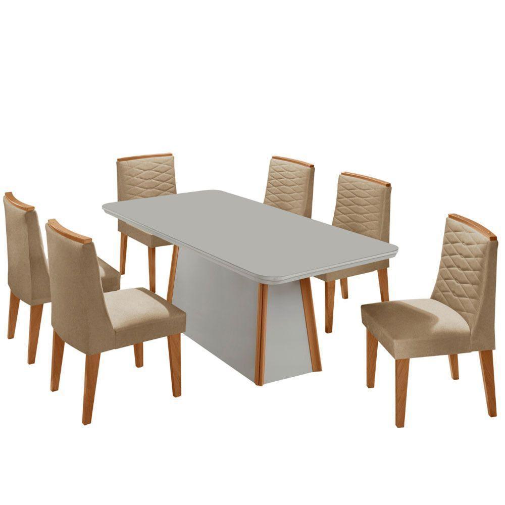 Mesa De Jantar Diane 180cm Mdf Vidro Com 6 Cadeiras Moderna Turim 07 Naturale Serigrafia Off White - 2
