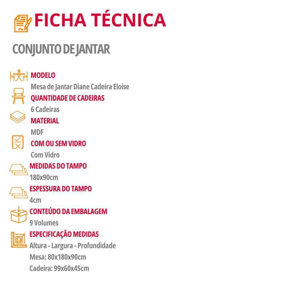 Mesa De Jantar Diane 180cm Mdf Vidro Com 6 Cadeiras Moderna Turim 07 Naturale Serigrafia Off White - 6