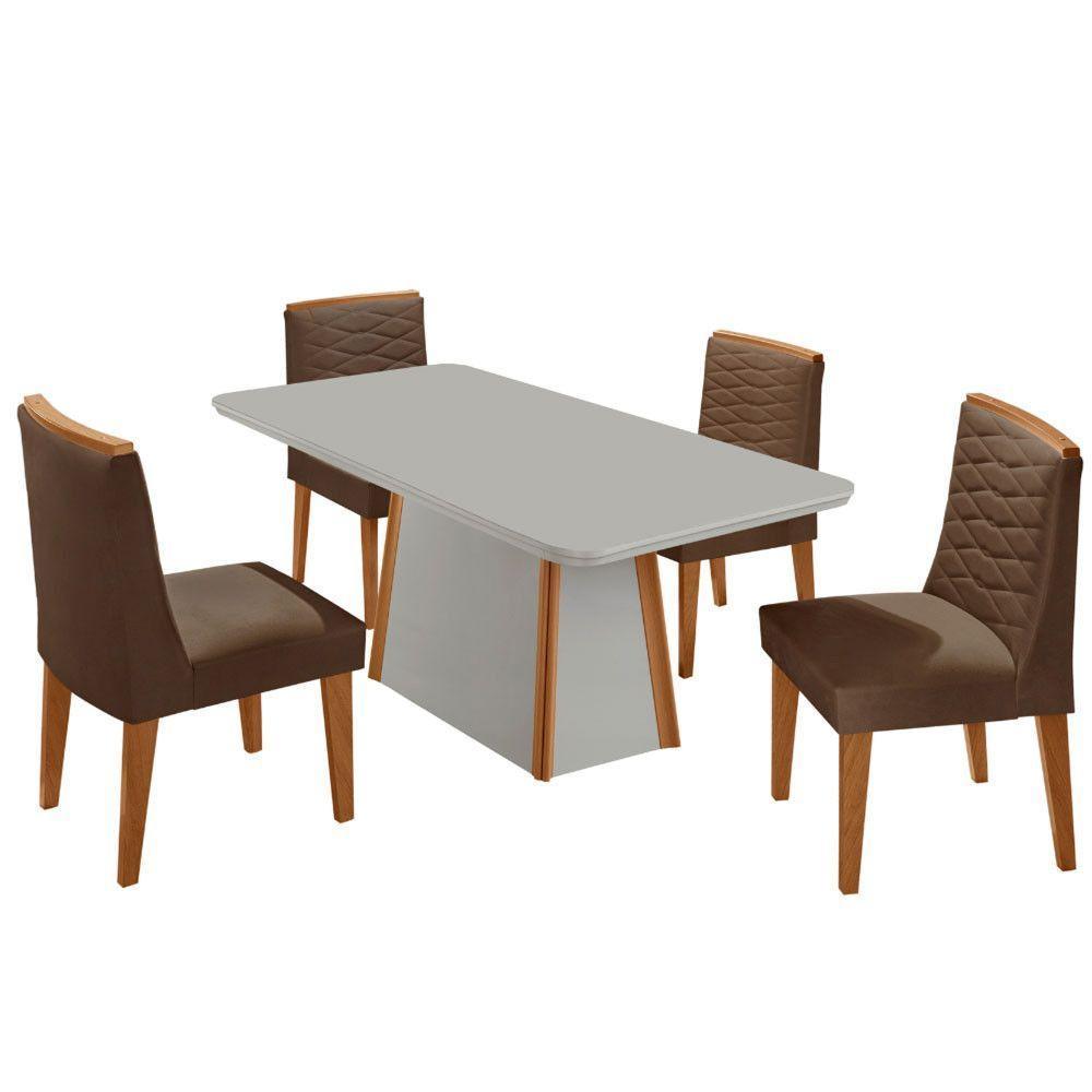 Mesa De Jantar Diane 120cm Tampo Mdf Vidro Cadeiras Eloise Moderna Veludo Marrom Off White Naturale Serigrafia - 2