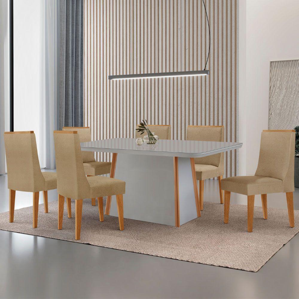 Mesa De Jantar Diane 180cm Tampo Mdf Vidro 6 Cadeiras Lisboa Moderna Turim 07 Naturale Serigrafia Off White - 1