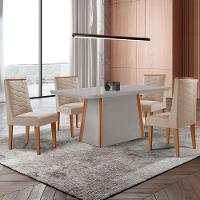 Mesa De Jantar Diane 120cm Tampo Mdf Vidro 4 Cadeiras Safira Veludo Creme Off White Naturale Com Vidro - 1