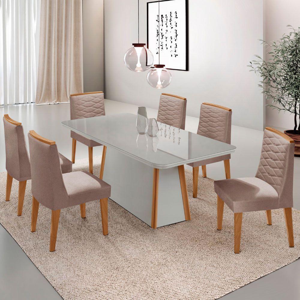 Mesa De Jantar Diane 180cm Mdf Vidro Com 6 Cadeiras Moderna Linho Capuccino Off White Naturale Serigrafia - 1