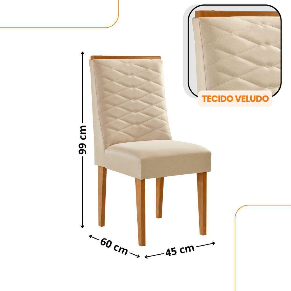 Mesa De Jantar Diane 180cm Mdf Vidro Com 6 Cadeiras Moderna Veludo Creme Off White Naturale Serigrafia - 3