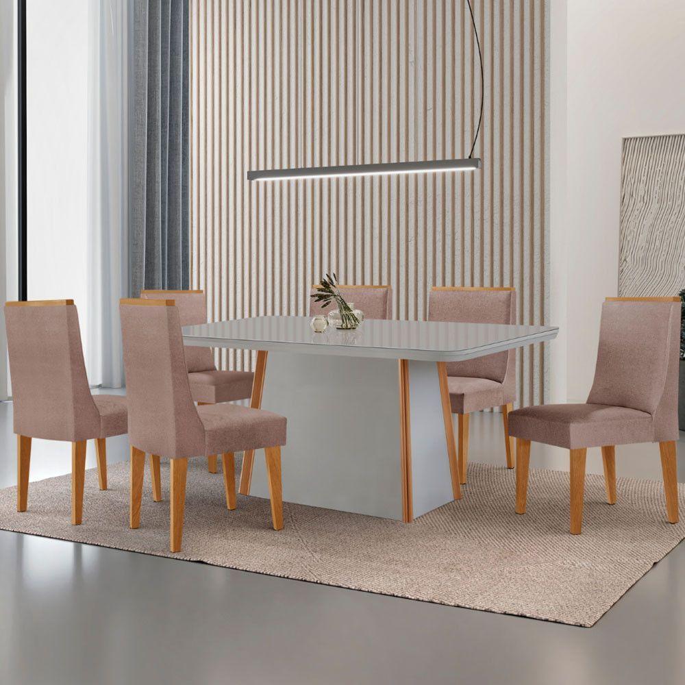 Mesa De Jantar Diane 180cm Tampo Mdf Vidro 6 Cadeiras Lisboa Moderna Linho Capuccino Off White Naturale Serigrafia - 1