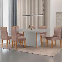 Mesa De Jantar Diane 180cm Tampo Mdf Vidro 6 Cadeiras Lisboa Moderna Linho Capuccino Off White Naturale Serigrafia - 1