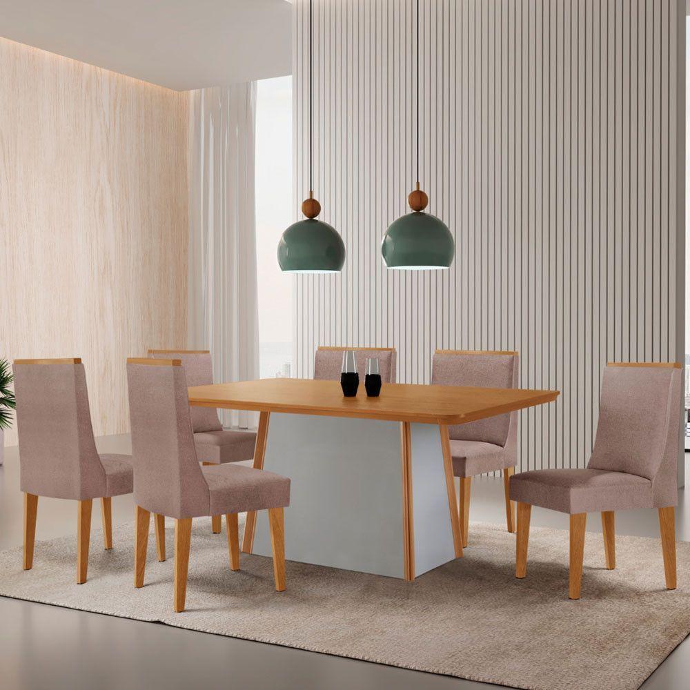 Mesa De Jantar Diane 180cm Tampo Mdf Lam 6 Cadeiras Lisboa Moderna Linho Capuccino Naturale Off White - 1
