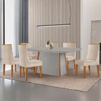 Mesa De Jantar Diane 180cm Tampo Mdf Vidro 6 Cadeiras Lisboa Moderna Veludo Creme Off White Naturale Serigrafia - 1