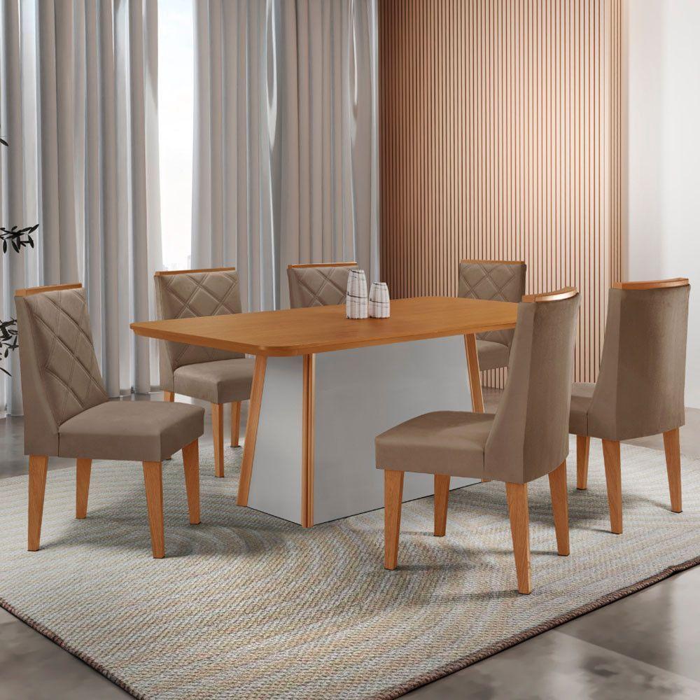 Mesa De Jantar Diane 180cm Tampo Mdf Lam 6 Cadeiras Isadora Moderna Veludo Capuccino Naturale Off White - 1