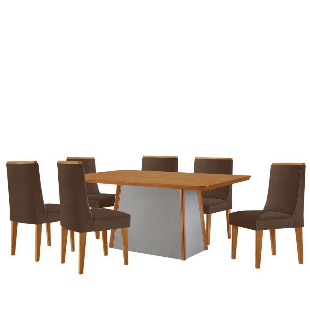 Mesa De Jantar Diane 180cm Tampo Mdf Lam 6 Cadeiras Lisboa Moderna Veludo Marrom Naturale Off White - 2