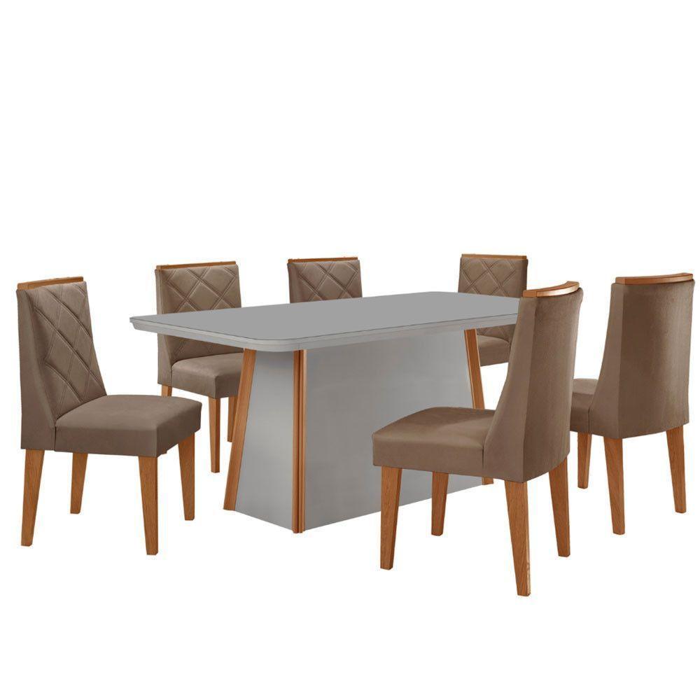 Mesa De Jantar Diane 180cm Tampo Mdf Vidro 6 Cadeiras Isadora Moderna Veludo Capuccino Off White Naturale Serigrafia - 2