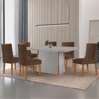 Mesa De Jantar Diane 180cm Tampo Mdf Vidro 6 Cadeiras Lisboa Moderna Veludo Marrom Off White Naturale Serigrafia - 1