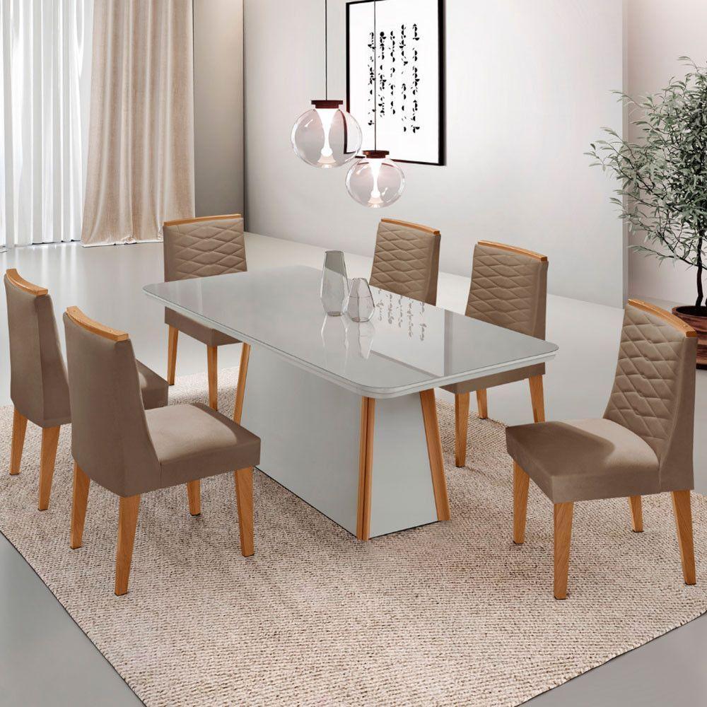Mesa De Jantar Diane 180cm Mdf Vidro Com 6 Cadeiras Moderna Veludo Capuccino Off White Naturale Serigrafia - 1