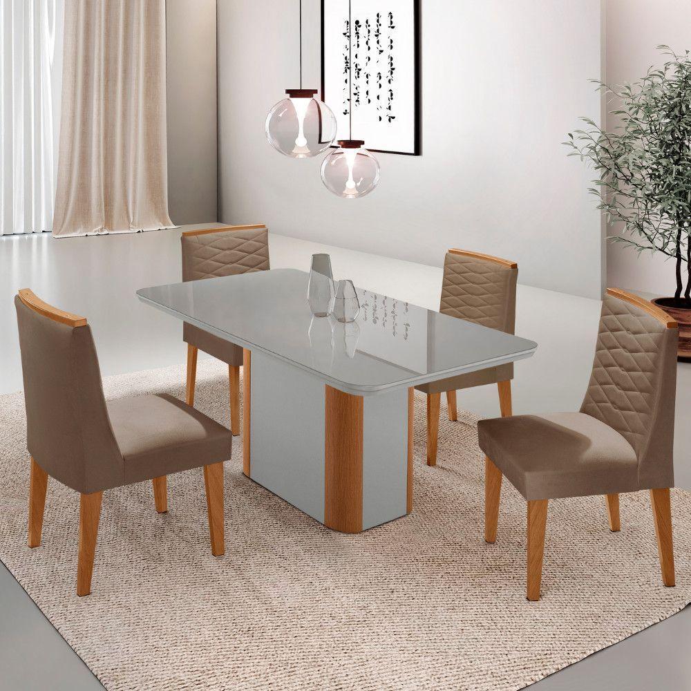 Mesa De Jantar Isadora 120cm Tampo Mdf Vidro Com 4 Cadeiras Veludo Capuccino Off White Naturale Serigrafia - 1