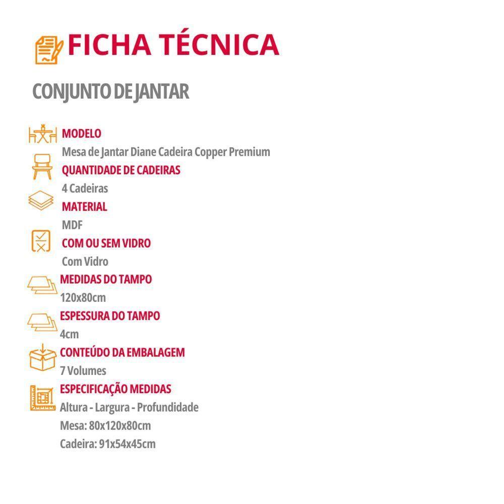 Mesa Jantar Diane 120cm Tampo Mdf Vidro 4 Cadeiras Copper Prem Moderna Linho Capuccino Off White Naturale Serigrafia - 6