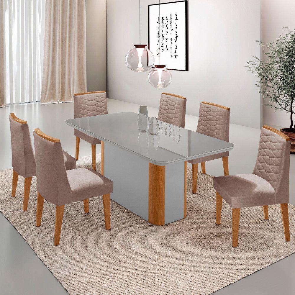 Mesa De Jantar Isadora 180cm Tampo Mdf Vidro Com 6 Cadeiras Linho Capuccino Off Naturale Serigrafia - 1