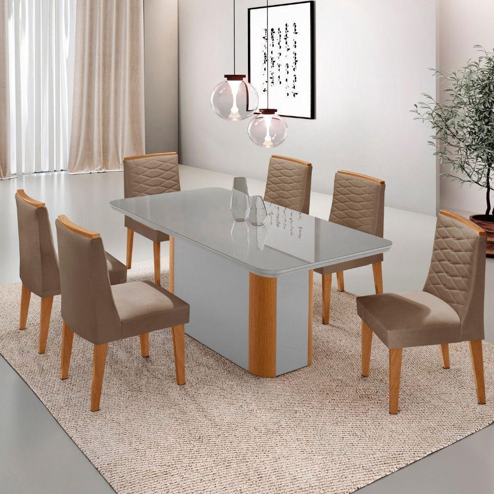 Mesa De Jantar Isadora 180cm Tampo Mdf Vidro Com 6 Cadeiras Veludo Capuccino Off White Naturale Serigrafia - 1