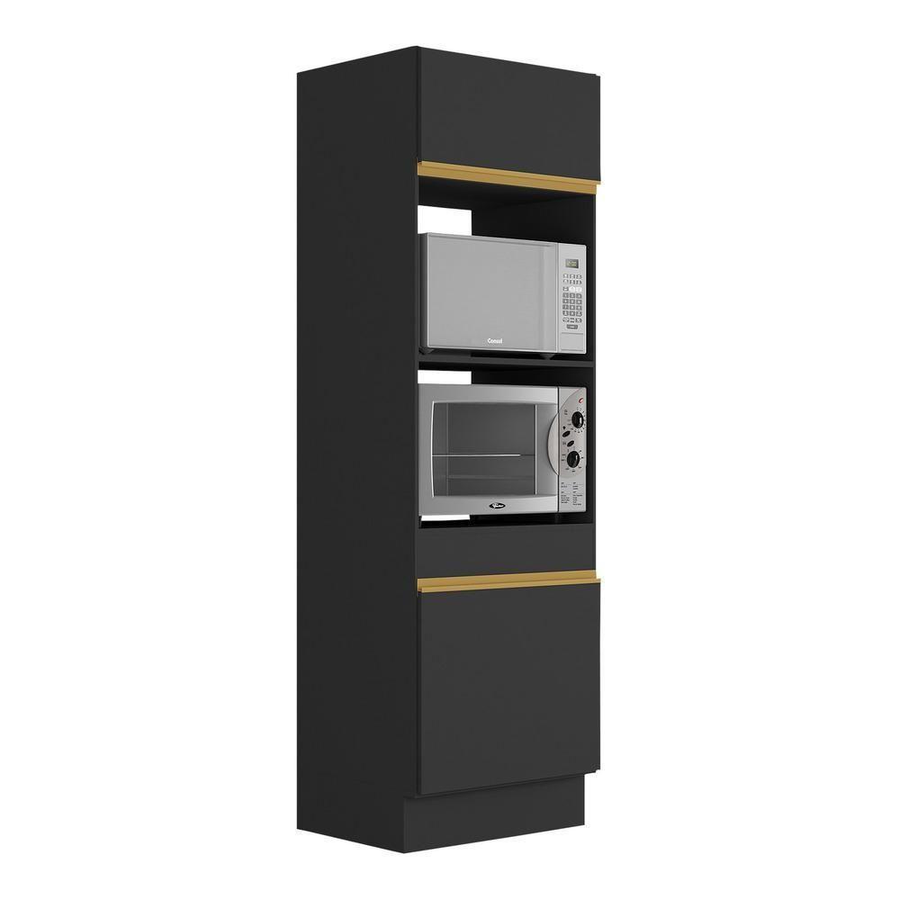 Paneleiro 2 Portas 63cm Com Rodapé Para Forno E Microondas Veneza Multimóveis V2116 Preto/dourado Preto/dourado - 1
