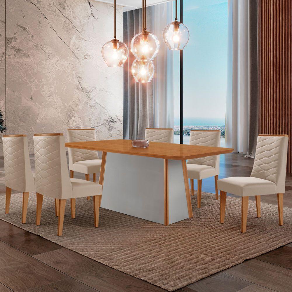 Mesa De Jantar Diane 180cm Tampo Mdf Lam 6 Cadeiras Safira Moderna Veludo Creme Naturale Off White - 1