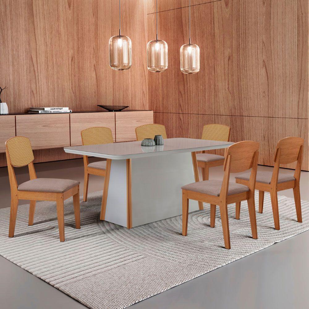 Mesa Jantar Diane 180cm Tampo Mdf Vidro 6 Cadeiras Copper Prem Moderna Linho Capuccino Off White Naturale Serigrafia - 1