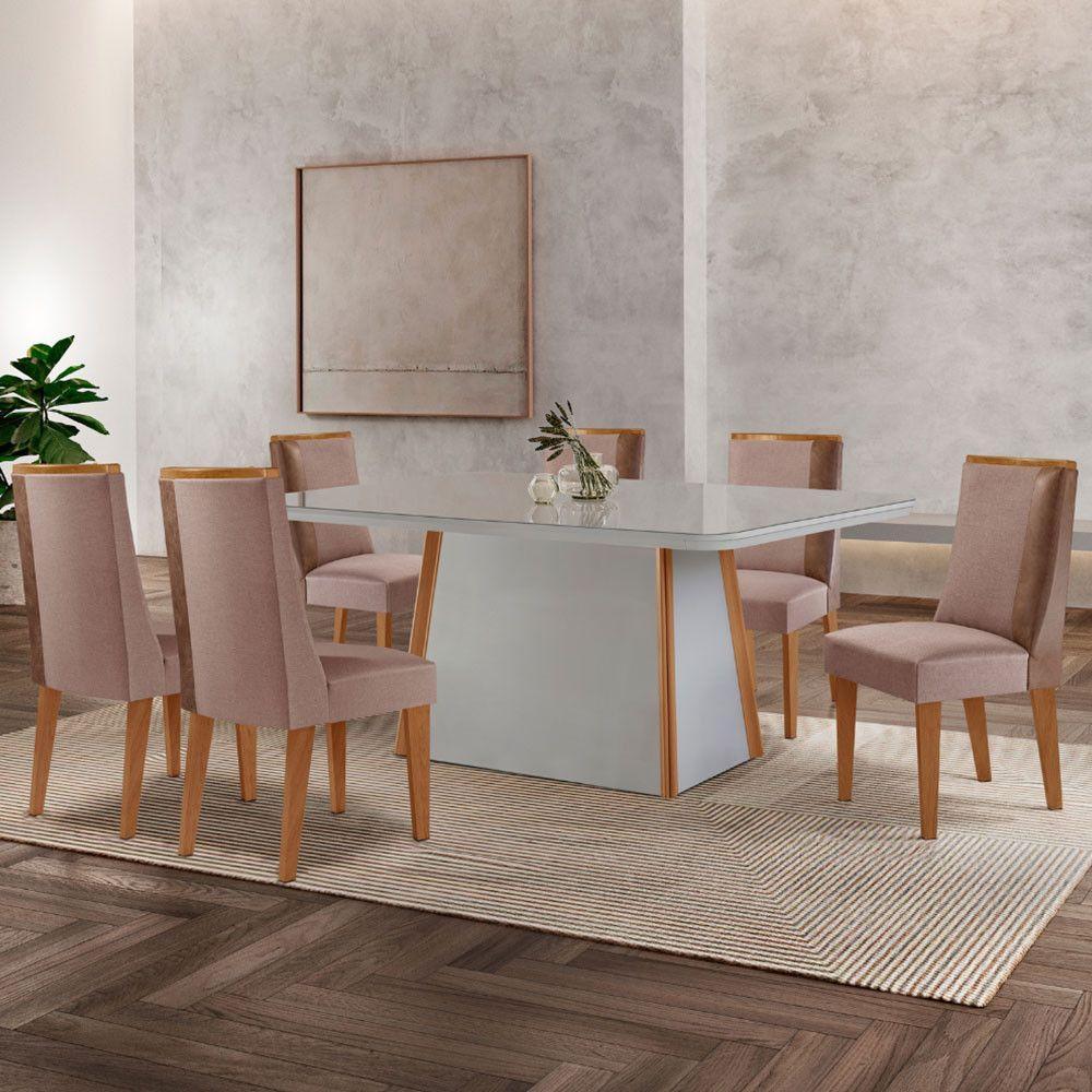 Mesa De Jantar Diane 180cm Tampo Mdf Vidro 6 Cadeiras Diane Moderna Linho Capuccino Tork Naturale Off White Serigrafia - 1
