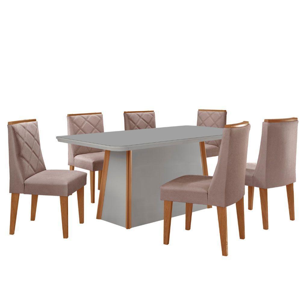 Mesa De Jantar Diane 180cm Tampo Mdf Vidro 6 Cadeiras Isadora Moderna Linho Capuccino Off White Naturale Serigrafia - 2