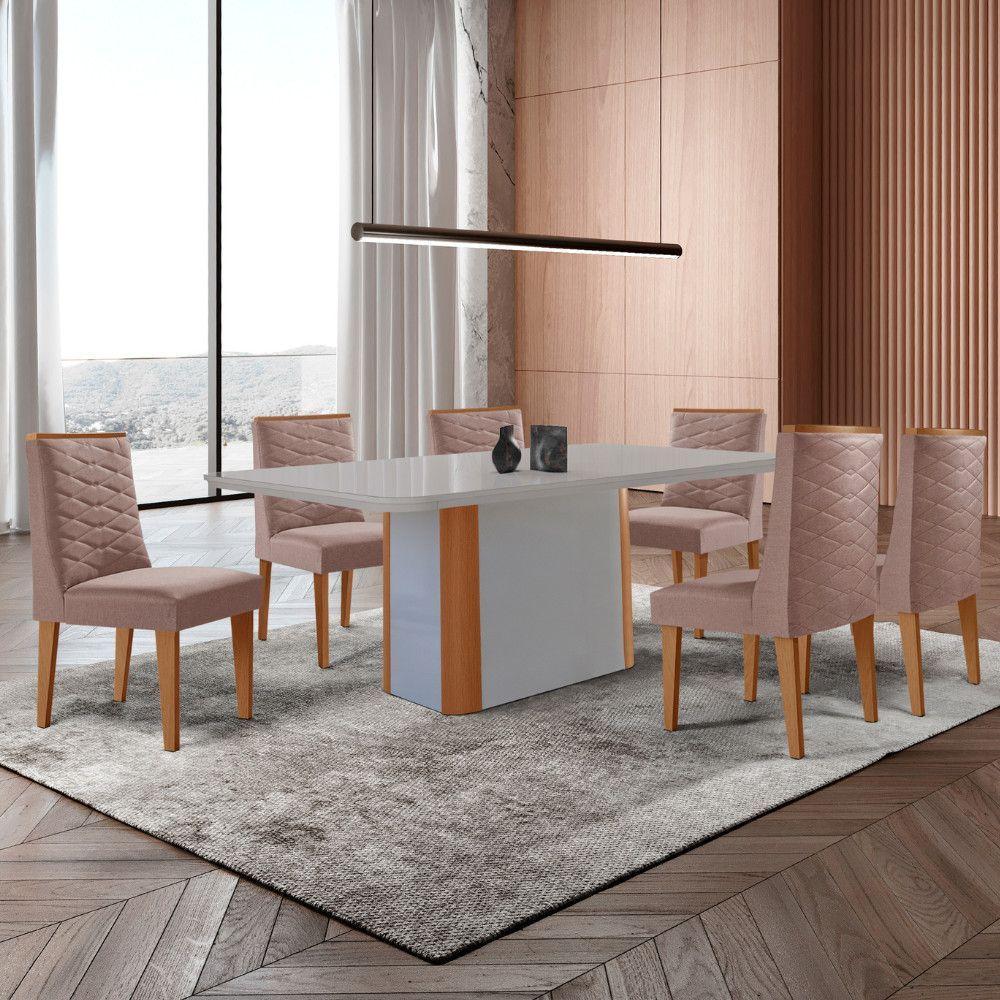 Mesa De Jantar Isadora 180cm Tampo Mdf Vidro Com 6 Cadeiras Linho Capuccino Off Naturale Serigrafia - 1
