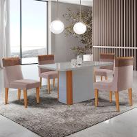 Mesa De Jantar Isadora 120cm Tampo Mdf Vidro Com 4 Cadeiras Linho Capuccino Tork Off White Naturale Serigrafia - 1