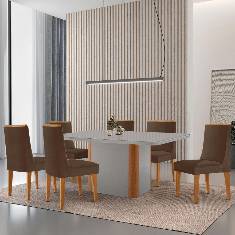 Mesa De Jantar Isadora 180cm Tampo Mdf Vidro Com 6 Cadeiras Veludo Marrom Naturale Serigrafia Off White - 1