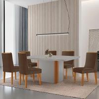 Mesa De Jantar Isadora 180cm Tampo Mdf Vidro Com 6 Cadeiras Veludo Marrom Naturale Serigrafia Off White - 1