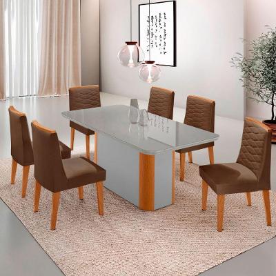 Mesa De Jantar Isadora 180cm Tampo Mdf Vidro Com 6 Cadeiras Veludo Marrom Naturale Serigrafia Off White