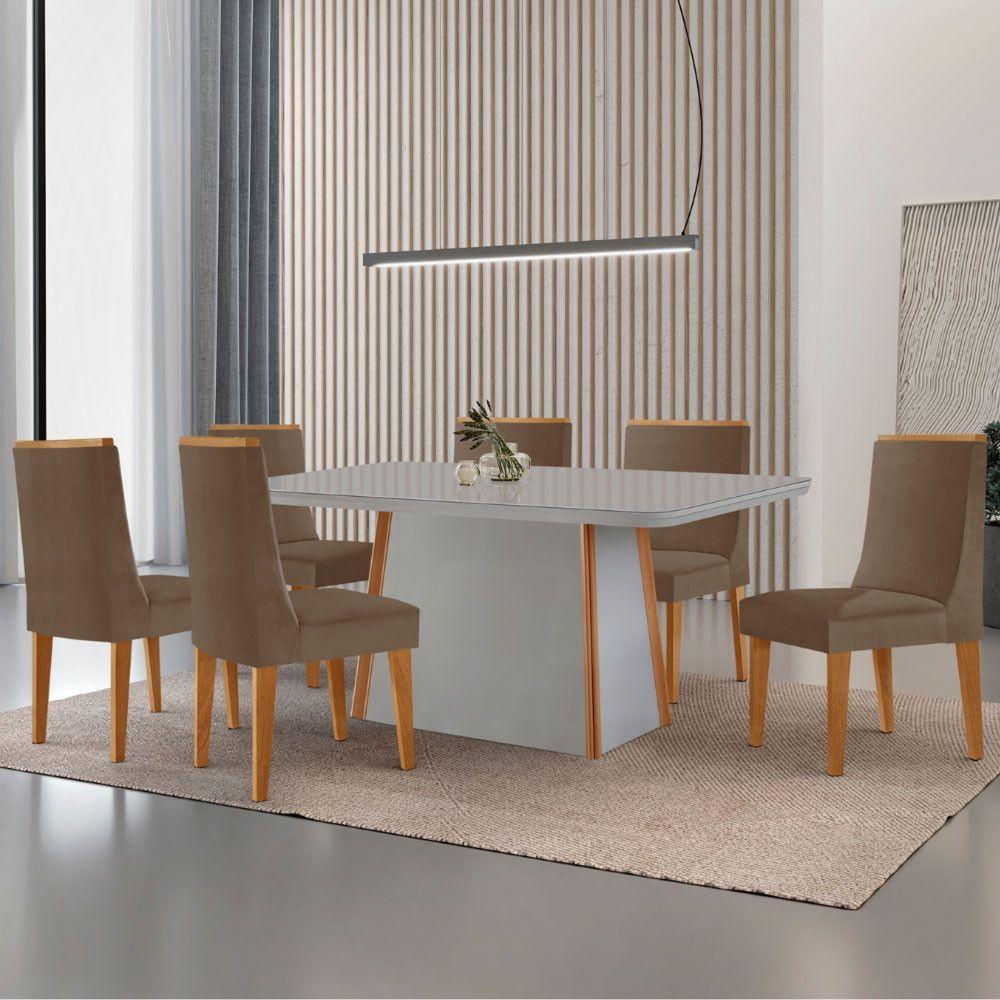 Mesa De Jantar Diane 180cm Tampo Mdf Vidro 6 Cadeiras Lisboa Moderna Veludo Capuccino Off White Naturale Serigrafia - 1