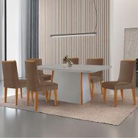 Mesa De Jantar Diane 180cm Tampo Mdf Vidro 6 Cadeiras Lisboa Moderna Veludo Capuccino Off White Naturale Serigrafia - 1