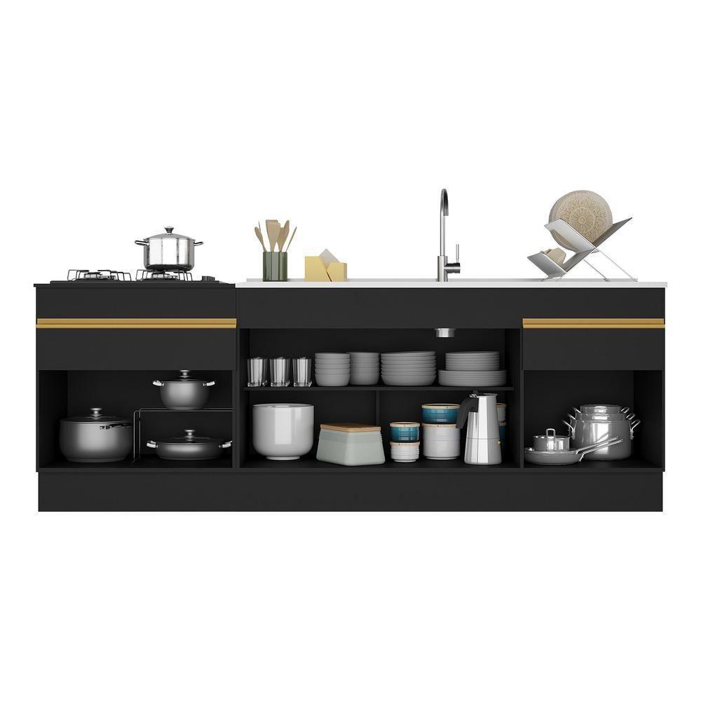 Kit Com 2 Balcões De Cozinha 150cm E 70cm Com Rodapé Veneza Multimóveis V2108 Preto/dourado Preto/dourado - 3