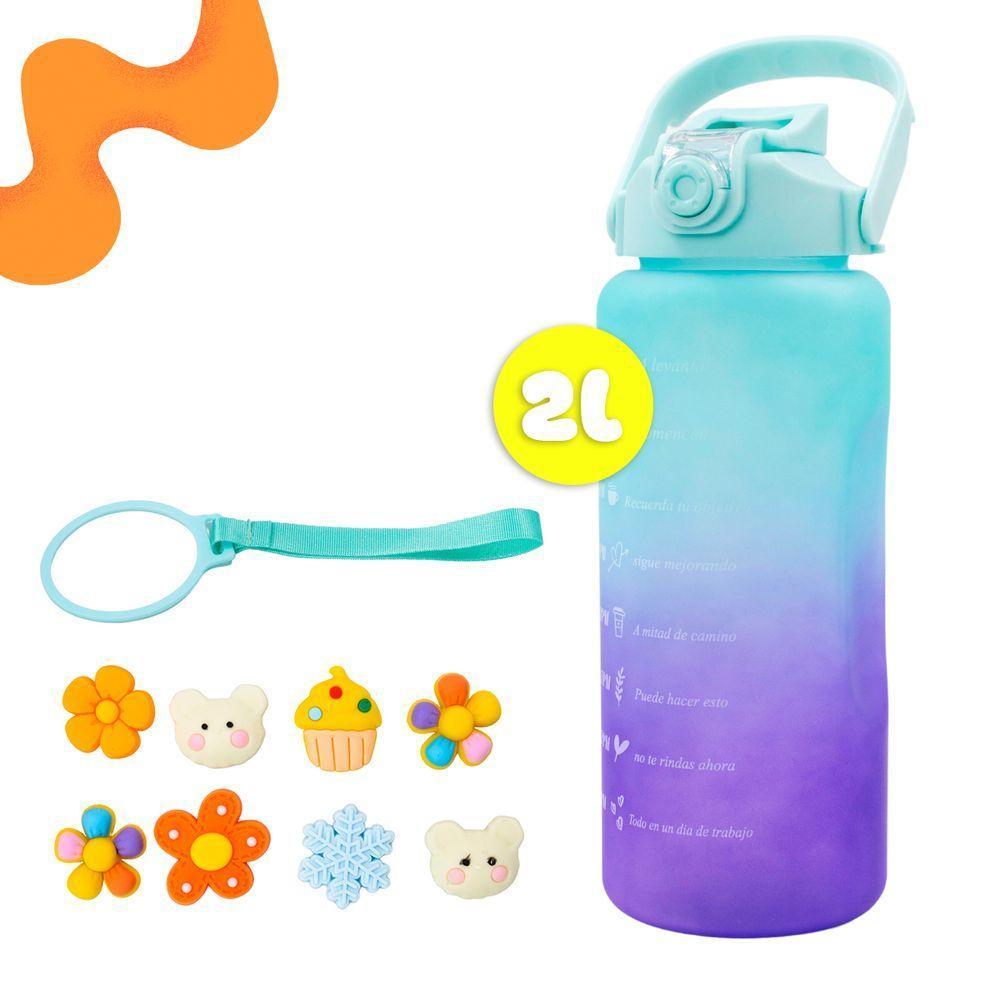 Garrafa Squeeze Água Galão 2L 900ML 300ML Degrade Adesivos 3D Degrade Tampa Azul e Lilás - 2