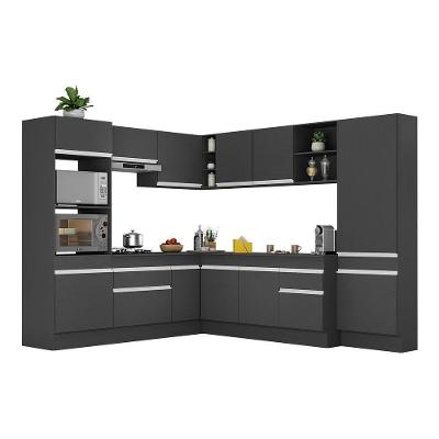 Armário de Cozinha Completa de Canto Veneza V2082 13 Portas 2 Gavetas MDP Preto Branco
