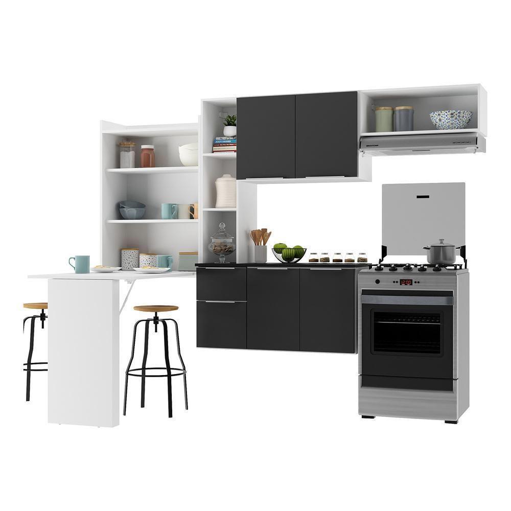 Armário De Cozinha Compacta Com Mesa Dobrável Sofia Multimóveis V2007 Branco/Preto Branco/Preto - 1