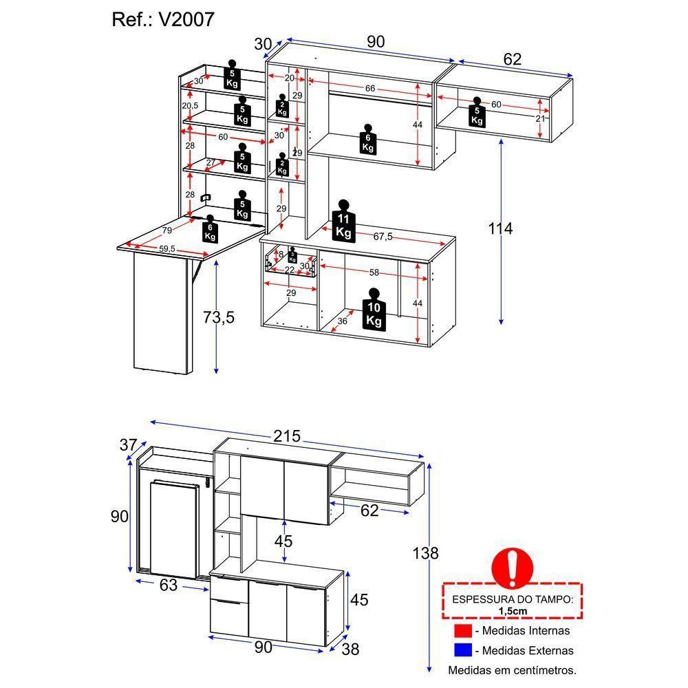 Armário De Cozinha Compacta Com Mesa Dobrável Sofia Multimóveis V2007 Branco/Preto Branco/Preto - 5