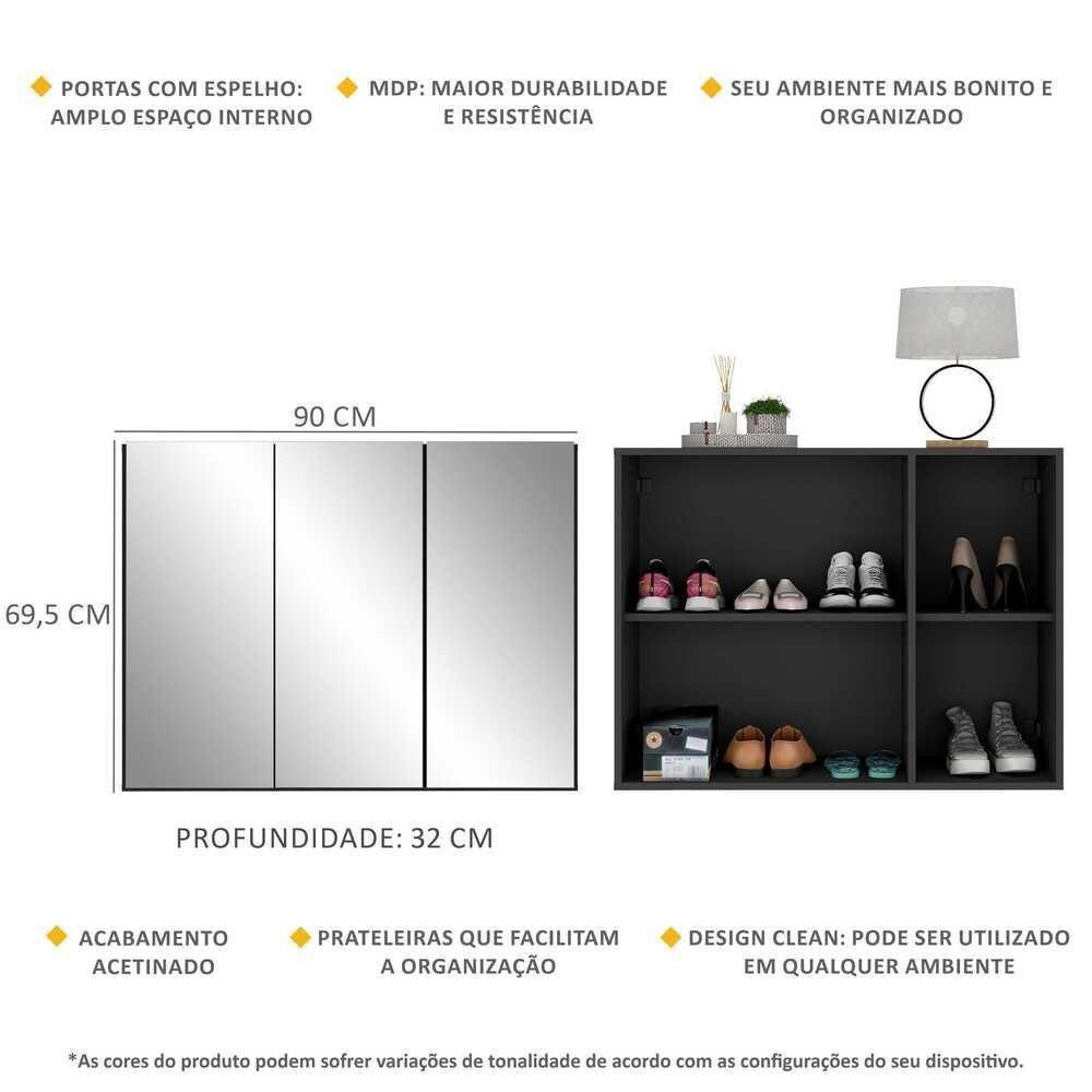 Sapateira 3 Portas Com Espelho Nina Preta - 5