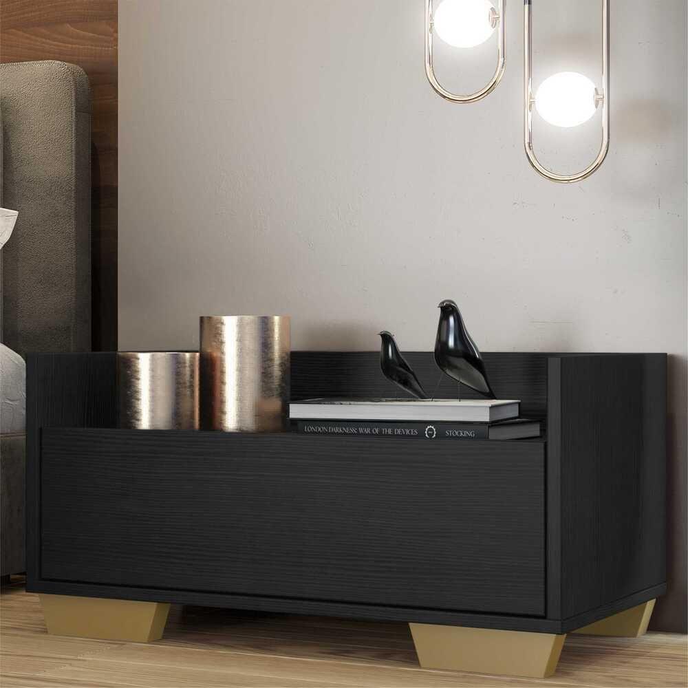 Mesa De Cabeceira 80Cm Multimóveis V4001 Preta/Natural Preto/Natural - 7