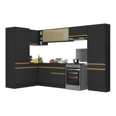 Armário de Cozinha Completa de Canto V2090 11 Portas 1 Gaveta MDP 304cm Preto