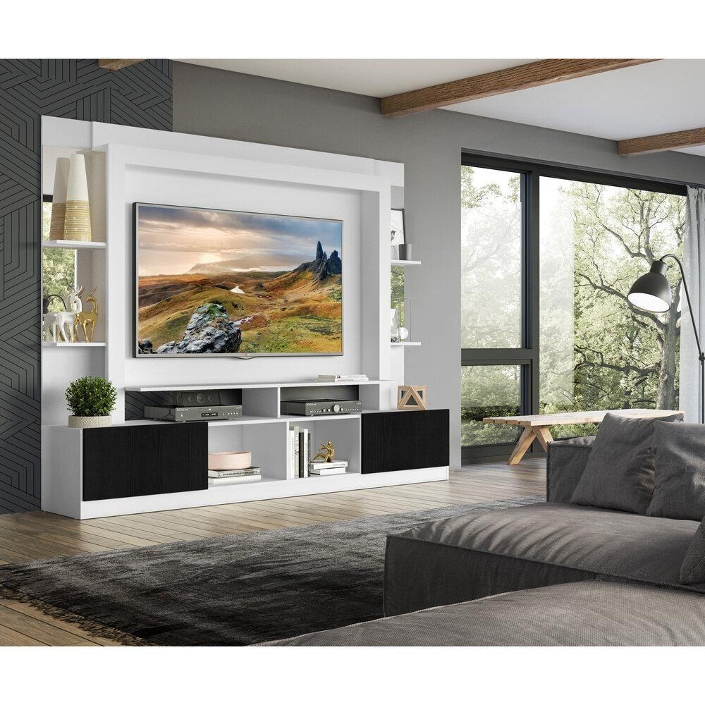 Estante Com Suporte Tv 65" Prateleiras C/ Espelho Oslo Multimóveis V3385 Branca/Preta Branco/Preto - 2
