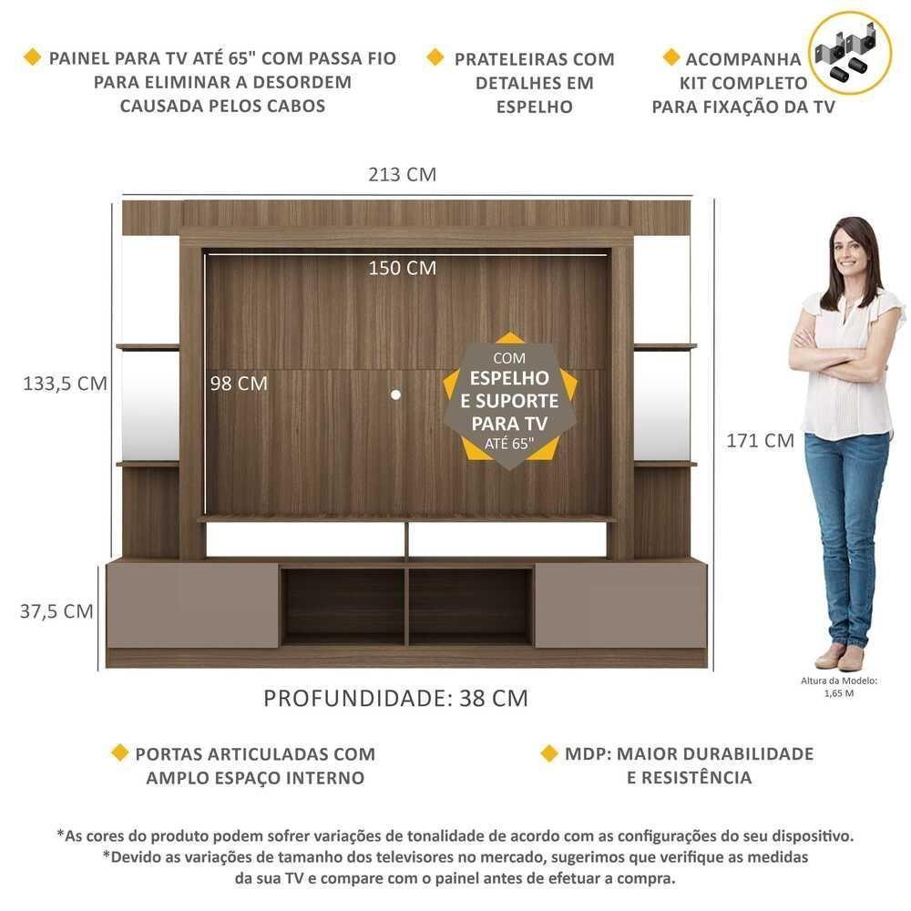 Estante Com Suporte Tv 65" Prateleiras C/ Espelho Oslo Multimóveis V3385 Madeirada/Lacca Fumê - 6