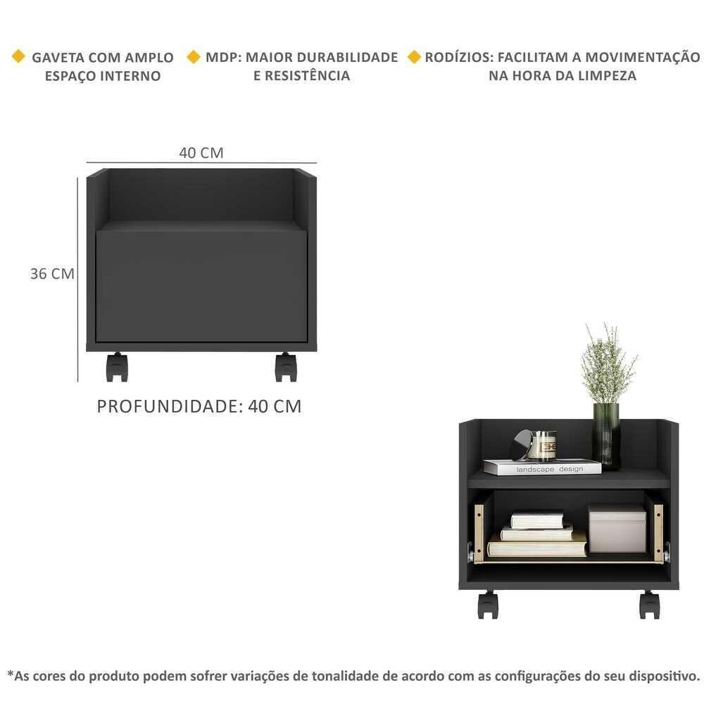 Kit Com 2 Mesas De Cabeceira 40Cm Com Rodízios Multimóveis V4045 Preta Preto - 5