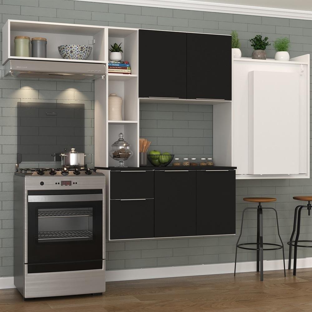 Armário De Cozinha Compacta Com Mesa Dobrável Sofia Multimóveis V2009 Branco/Preto Branco/Preto - 2